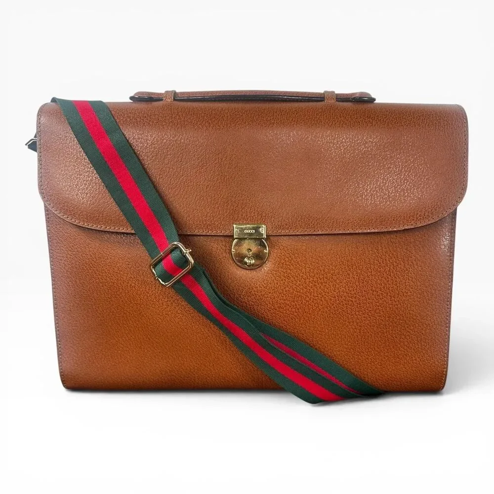Gucci Vintage Briefcase Bag Large Brown Leather Italy Top Handle Laptop